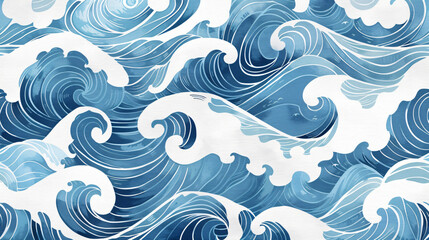Seamless pattern with blue ocean waves in the style of Japanese illustration, cartoon illustration, art, flat design