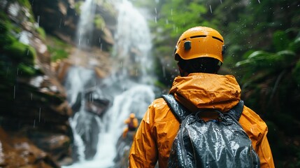 Adventurous group trekking through a rain-soaked canyon with orange helmets and black jackets, illuminated by dramatic light, looking back at the camera with a stunning waterfall in the background.