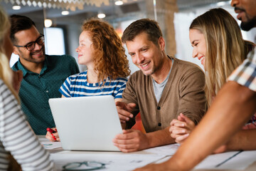 Collaborative process of multicultural skilled people during brainstorming meeting in office