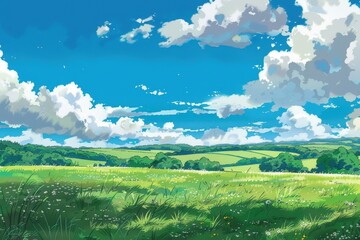 Fototapeta premium Beautiful green field with fluffy white clouds on a bright blue sky. Pastoral landscape painting of idyllic countryside scenery.