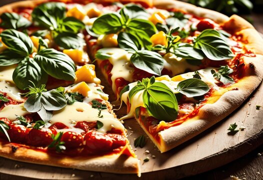 rustic pizza melted cheese fresh herbs, gooey, aromatic, traditional, homemade, crusty, savory, toppings, oozing, flavorful, basil, mozzarella, tomato, baked