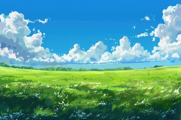 Fototapeta premium Beautiful landscape with green grass, blue sky, and white clouds. Perfect for a calming background, nature, or peace concept.