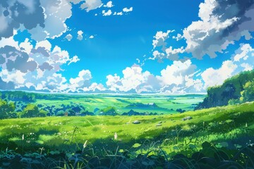 Vibrant green grassy field with a lush landscape and blue sky with fluffy white clouds. An idyllic scene of countryside tranquility, perfect for desktop backgrounds and nature lovers.