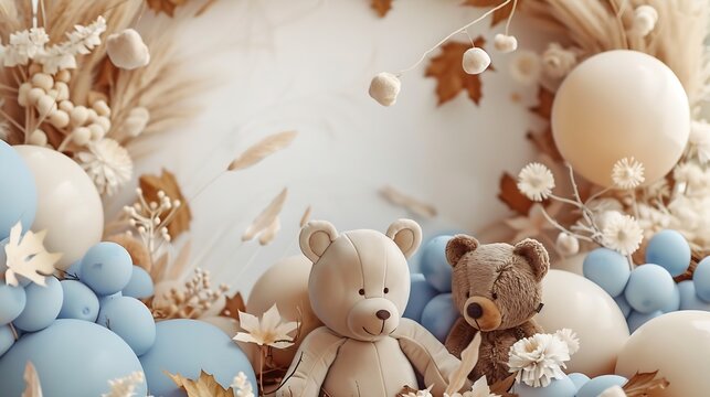 Arch with bears on background balloons Photowall decoration space or place with beige brown blue balloons Celebration baptism concept Birthday party for boy Trendy autumn decor with dr : Generative AI