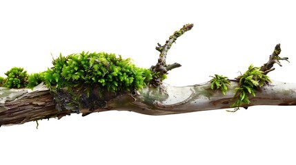 Fresh green moss on rotten branch isolated on white side view : Generative AI