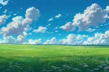 Fototapeta premium Beautiful blue sky with fluffy white clouds over a vast green meadow. Perfect for background or screen saver.
