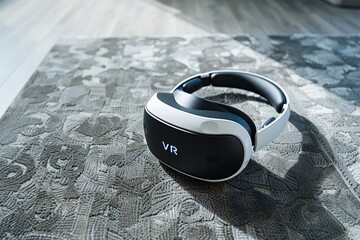 Futuristic VR headset on a textured surface, representing advanced virtual reality technology and innovative digital experiences.