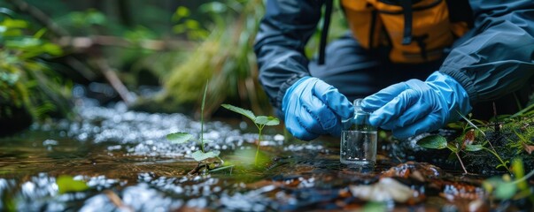 A researcher collects water samples from a forest stream, capturing the serene essence of nature