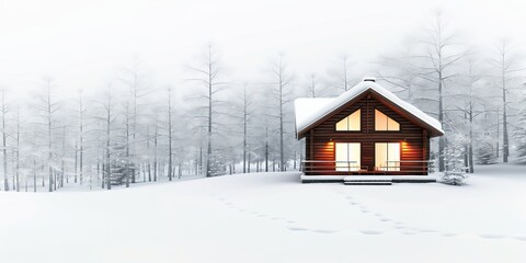 Cozy wooden cabin in snowy winter landscape with pine trees. Warm glowing lights, peaceful and serene, perfect for holiday and retreat.