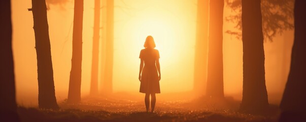 Fototapeta premium Silhouette of a lady standing at the edge of a forest, with shafts of light breaking through the trees, creating a mystical ambiance