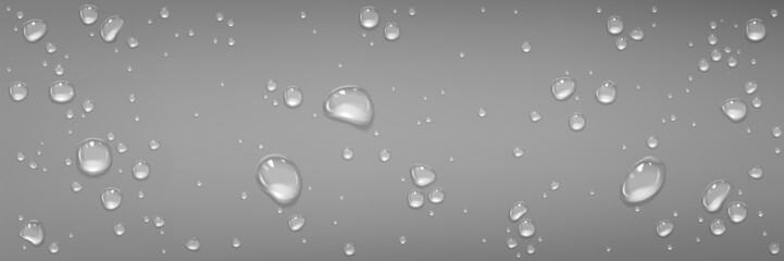 Rain water drops on grey glass surface. Realistic 3d vector illustration of smooth top with transparent droplet. Wet background with spray liquid bubbles. Scattered and spritz splash raindrops.