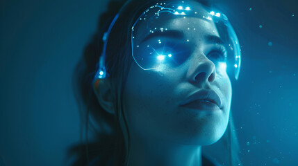 A woman with a futuristic head and glowing lights. Generative AI