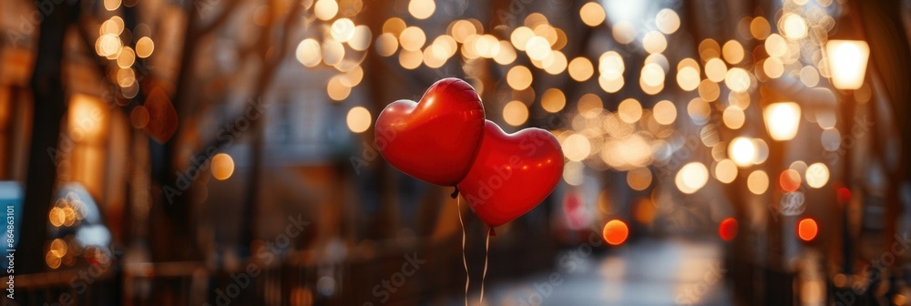 Poster two red heart-shaped balloons float against a blurred background of warm evening city lights. perfec