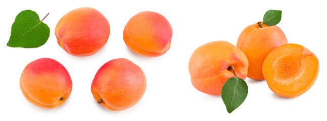 apricot fruits with green leaf isolated on white background. clipping path
