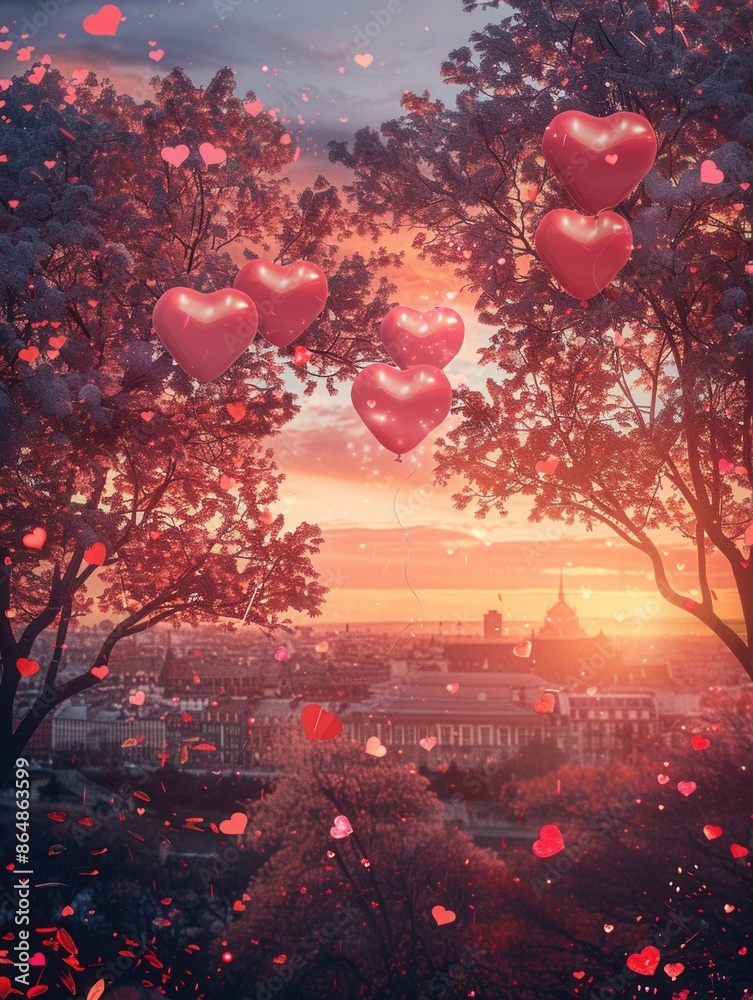 Poster a breathtaking view of a city skyline with heart-shaped balloons floating in a twilight sky, perfect