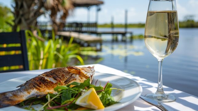 A freshly caught fish perfectly grilled and served with a side of mixed greens and a glass of chilled white wine enjoyed by a solo diner on a quiet pier overlooking the reserves river.