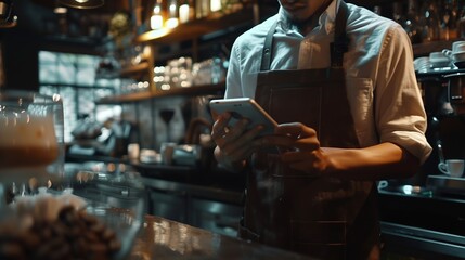 Barista phone call and tablet for restaurant communication online management or customer service in cafe Small business owner waiter or man on mobile and digital inventory for coffee s : Generative AI