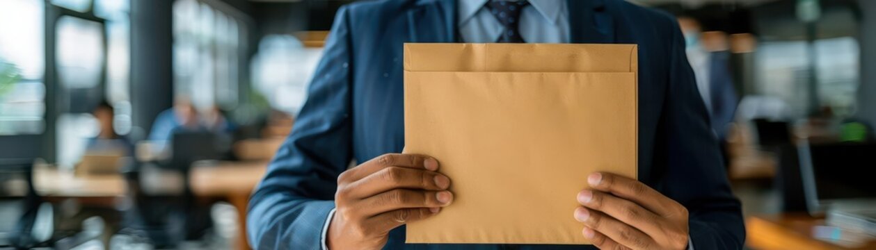 Businessperson holding a large manila envelope in a modern office setting, indicating a professional and confidential atmosphere