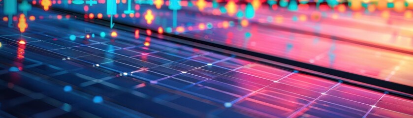 Close-up of silicon solar panels with colorful financial charts overlay