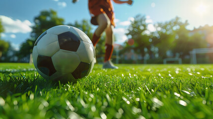 A white leather soccer ball rests on a green grassy field, ready for a summer game