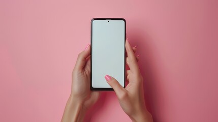 Hands holding smartphone blank touch screen isolated with clipping path on pink background,copy space,space for text.
