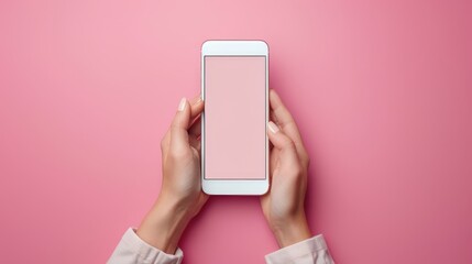 Hands holding smartphone blank touch screen isolated with clipping path on pink background,copy space,space for text.