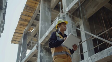 Asian male engineer Daytime work with digital tablets inside unfinished construction sites to check safety quality control : Generative AI