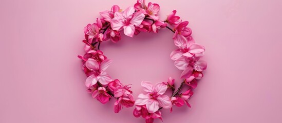 Pink flower arrangement on pink backdrop. Overhead view of a wreath made of pink flowers, with a plain surface and space for text.