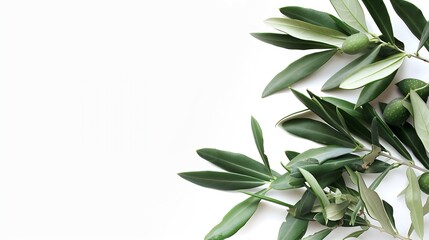 Fototapeta premium Fresh olive branch leaves isolated on white background closeup : Generative AI