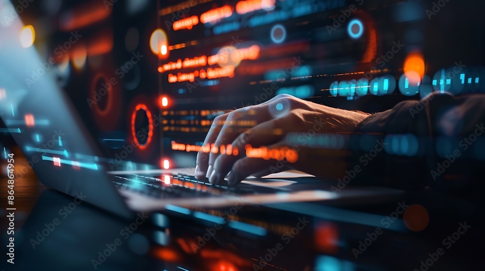 Poster Digital technology concept Man programmer working on laptop for big data management computer code on futuristic virtual interface screen data mining digital software development : Generative AI
