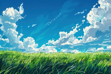 Obraz premium Beautiful anime style landscape with blue sky and white clouds over a field of green grass.
