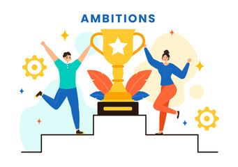 Ambition Illustration with Entrepreneur Climbing the Ladder to Success and Career Development on a Flat Cartoon Business Plan Background