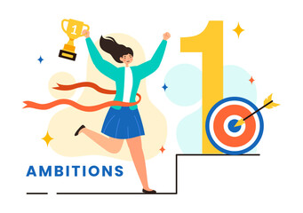 Ambition Illustration with Entrepreneur Climbing the Ladder to Success and Career Development on a Flat Cartoon Business Plan Background