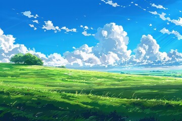 Obraz premium Beautiful landscape illustration of a green field with blue sky and fluffy white clouds