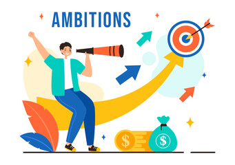 Ambition Illustration with Entrepreneur Climbing the Ladder to Success and Career Development on a Flat Cartoon Business Plan Background