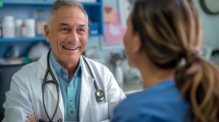 Friendly doctor discussing with a nurse in a clinical environment. Ideal for healthcare services, medical advice, and healthcare interaction.