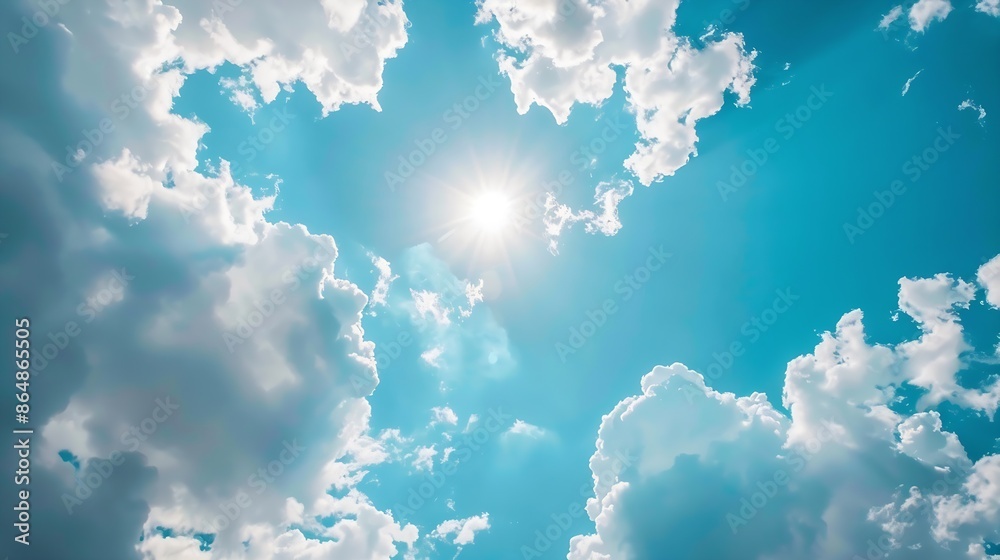 Poster beautiful blue sky and white clouds of various shapes with sunlight nature background : generative a