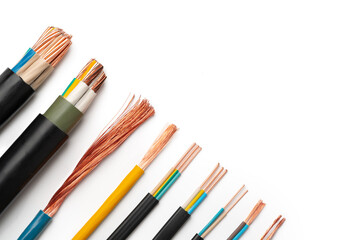 Naklejka premium Various Electrical Wires With Exposed Copper Strands on White Background