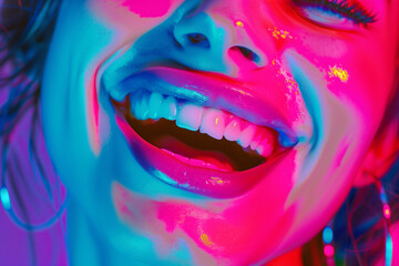 woman laughing , in the style of photo-realistic compositions, neon pop, close up, warmcore, emotive faces, photo-realistic hyperbole, in the style of magenta, contemporary candy-coated, high gloss, v
