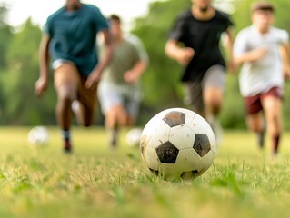 Fototapeta premium Diverse group of friends playing soccer in a vibrant urban park, cultural diversity, outdoor sports, teamwork, energetic scene, multicultural community