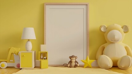 Interior design of child room interior with mock up poster frame plush monkey star wooden block toys yellow wall stylish lamp beige rug and personal accessories Home decor Template : Generative AI