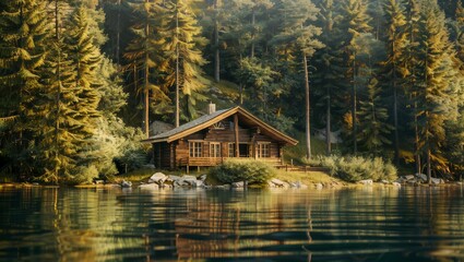 Obraz premium A cozy wooden cabin nestled beside a serene forest lake, surrounded by tall pine trees and lush greenery, reflecting beautifully in the calm water.