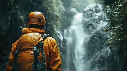 Adventurous group trekking through a rain-soaked canyon with orange helmets and black jackets, illuminated by dramatic light, looking back at the camera with a stunning waterfall in the background.