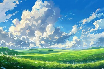 Fototapeta premium Vibrant green meadow with a blue sky and white fluffy clouds. Tranquil landscape with nature background. Anime style landscape art illustration.