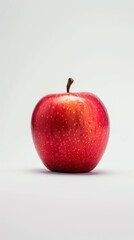 A solitary, vibrant red apple with a smooth, glossy surface against a white background, showcasing its freshness and ripe appearance.