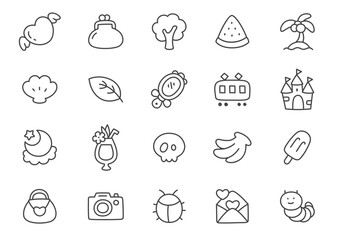 Kawaii icon set. Collection of cute hand drawn monochrome stickers (flying heart, watermelon, palm tree, mirror, castle etc.) isolated on a white background. Vector 10 EPS.