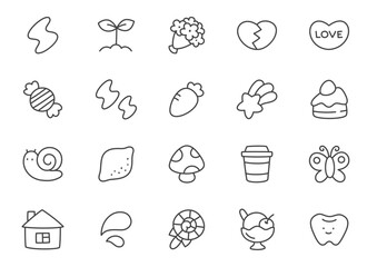 Kawaii icon set. Collection of cute hand drawn monochrome stickers (lightning, broken heart, candy, carrot, mushroom etc.) isolated on a white background. Vector 10 EPS.
