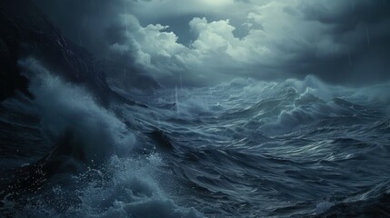 Obraz premium A turbulent, stormy sea illuminated by moonlight, with dark clouds and crashing waves conveying a powerful natural scene.