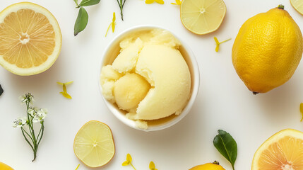 Exotic yuzu and honey sorbet, an image of exotic yuzu and honey sorbet, its light color and citrus-sweet flavor profile against a white backdrop