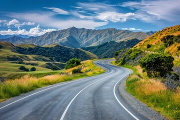Naklejka premium A winding road through rolling green hills with a backdrop of majestic mountains under a bright blue sky with scattered clouds.